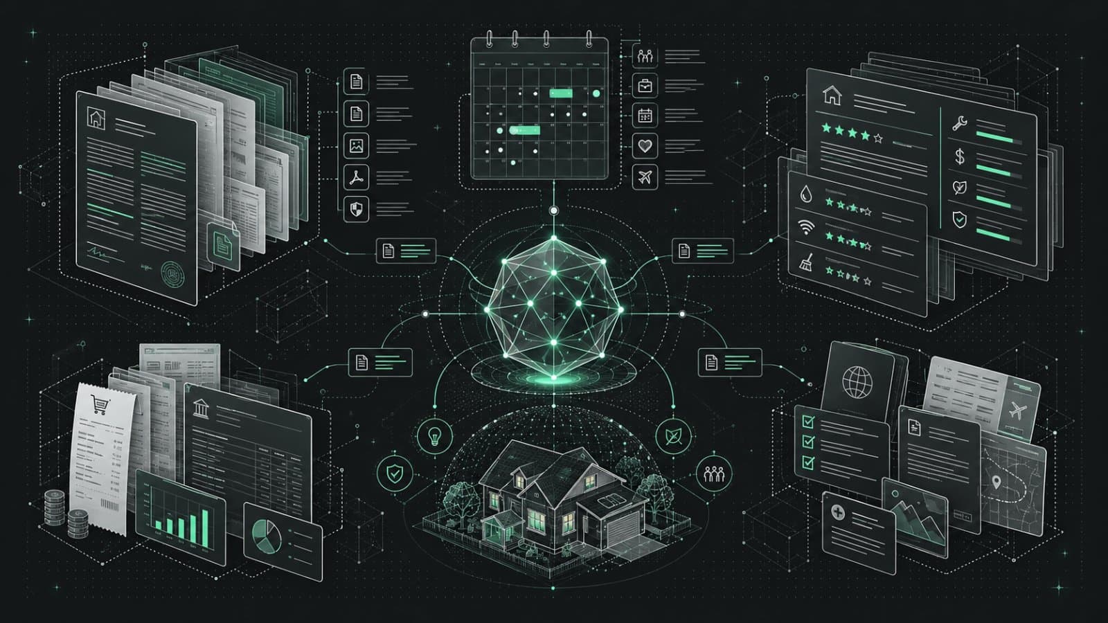 Concept illustration connecting documents, calendars and reports to a central reasoning system.