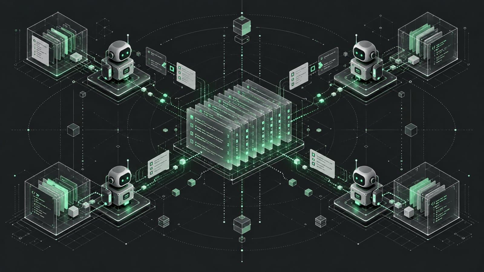 Concept illustration of agents coordinating through shared work records across repositories.