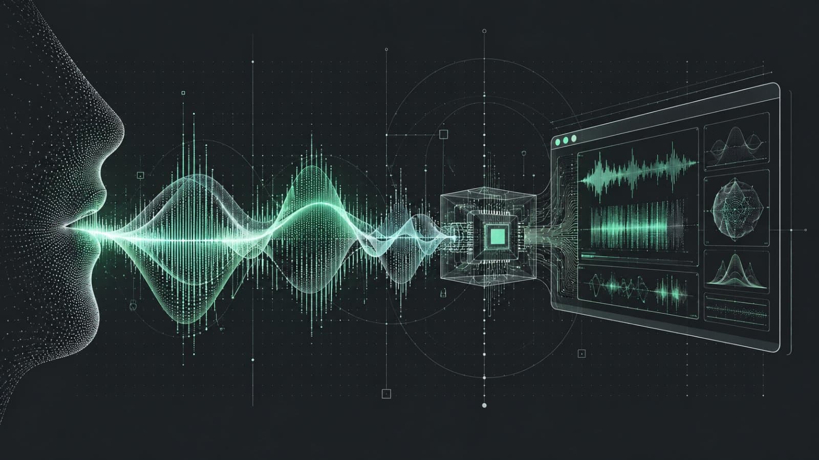 Concept illustration of an audio waveform flowing into a macOS assistant interface.