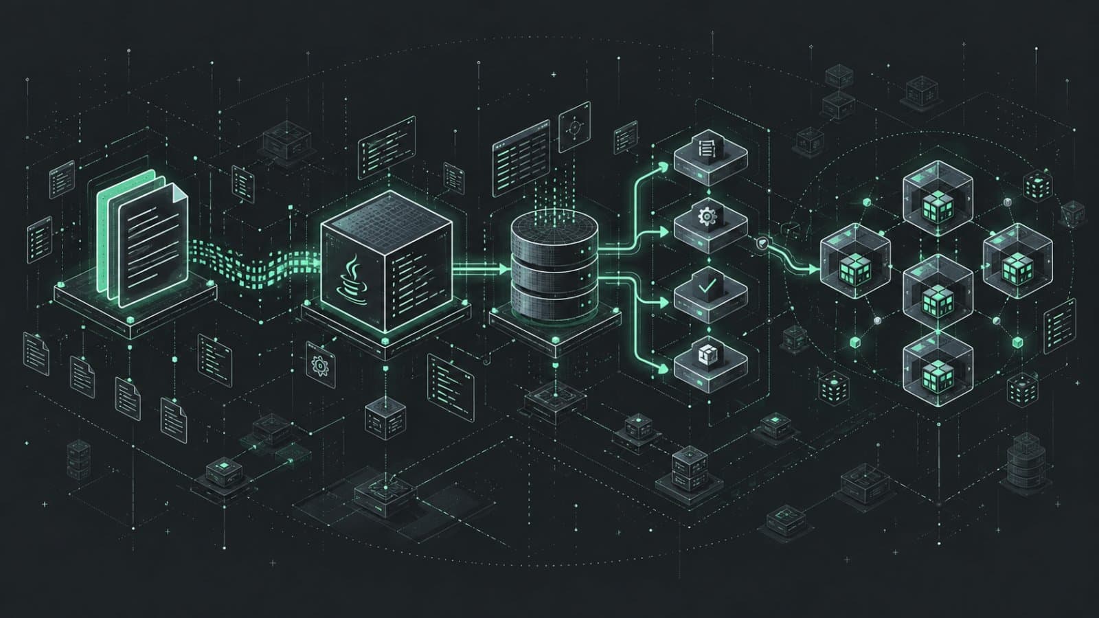 Terminal-style illustration: A website content publishing system, abstract interconnected terminal nodes showing a document, Java service cube, database cylinder, branching deployment pipeline and Kubernetes-like clustered hexagonal nodes.