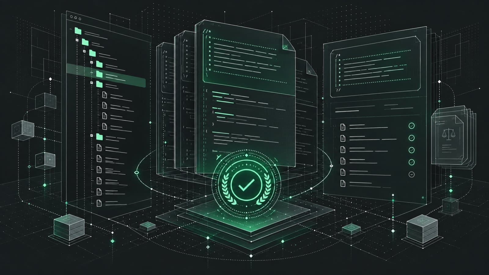 Concept illustration of source files with license headers and a verification badge.