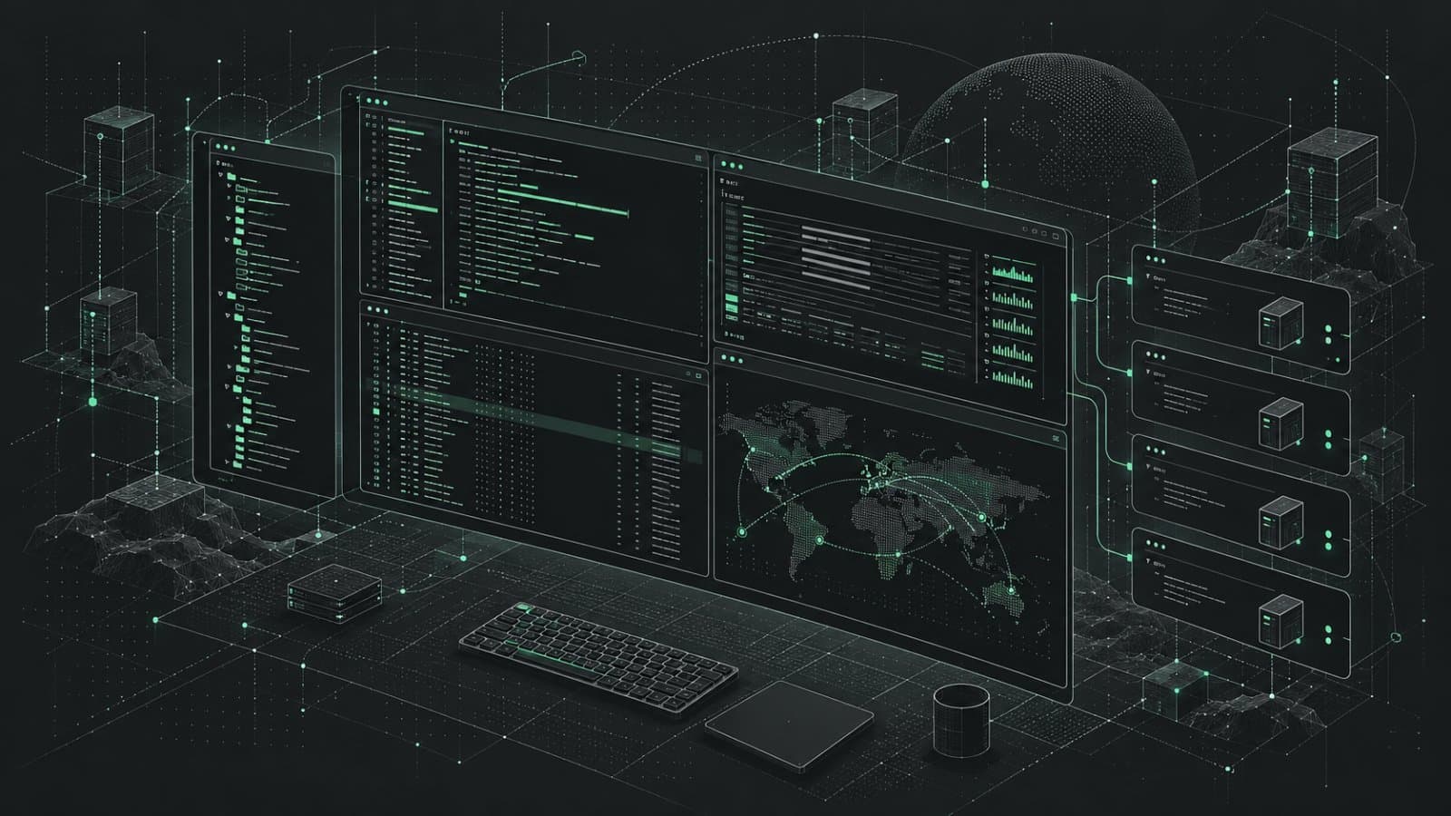Concept illustration of terminal panes connected to tmux workspaces and SSH endpoints.