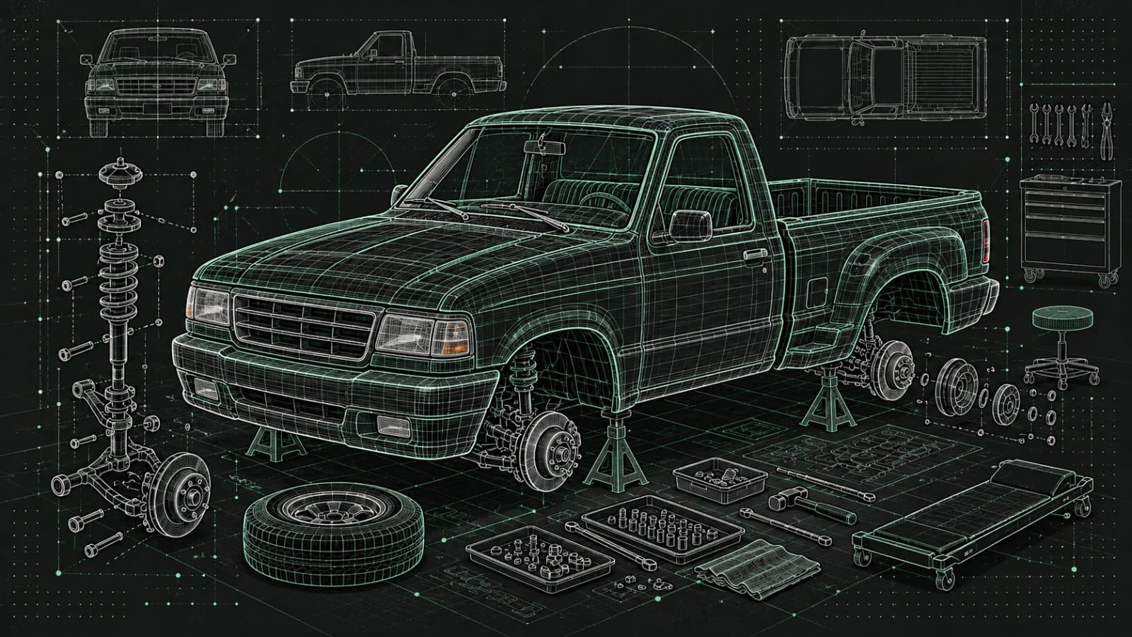 Terminal-style concept illustration of a 1995 Ford Ranger Splash with a flareside bed in a restoration workshop.