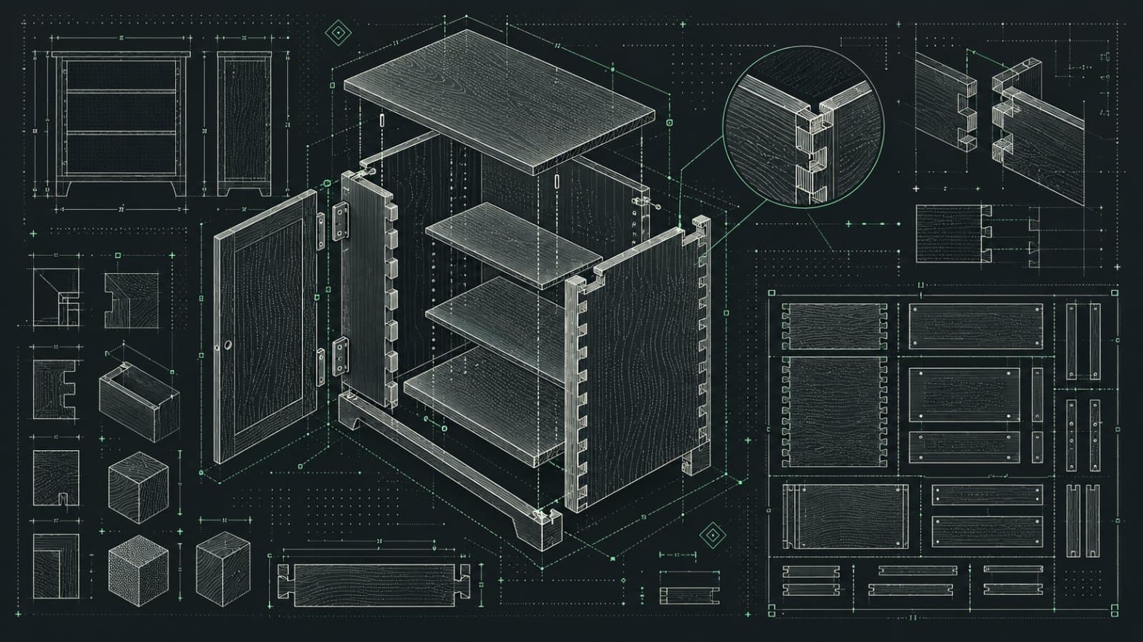 Concept illustration of a cabinet with joinery, dimensions and a material-planning grid.