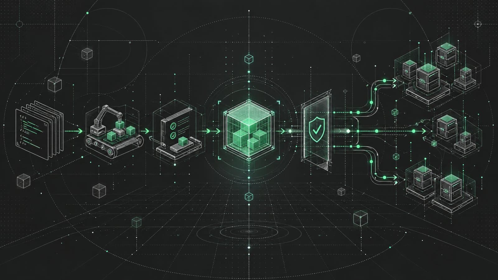 Concept illustration of build stages, a verification gate and deployment nodes.