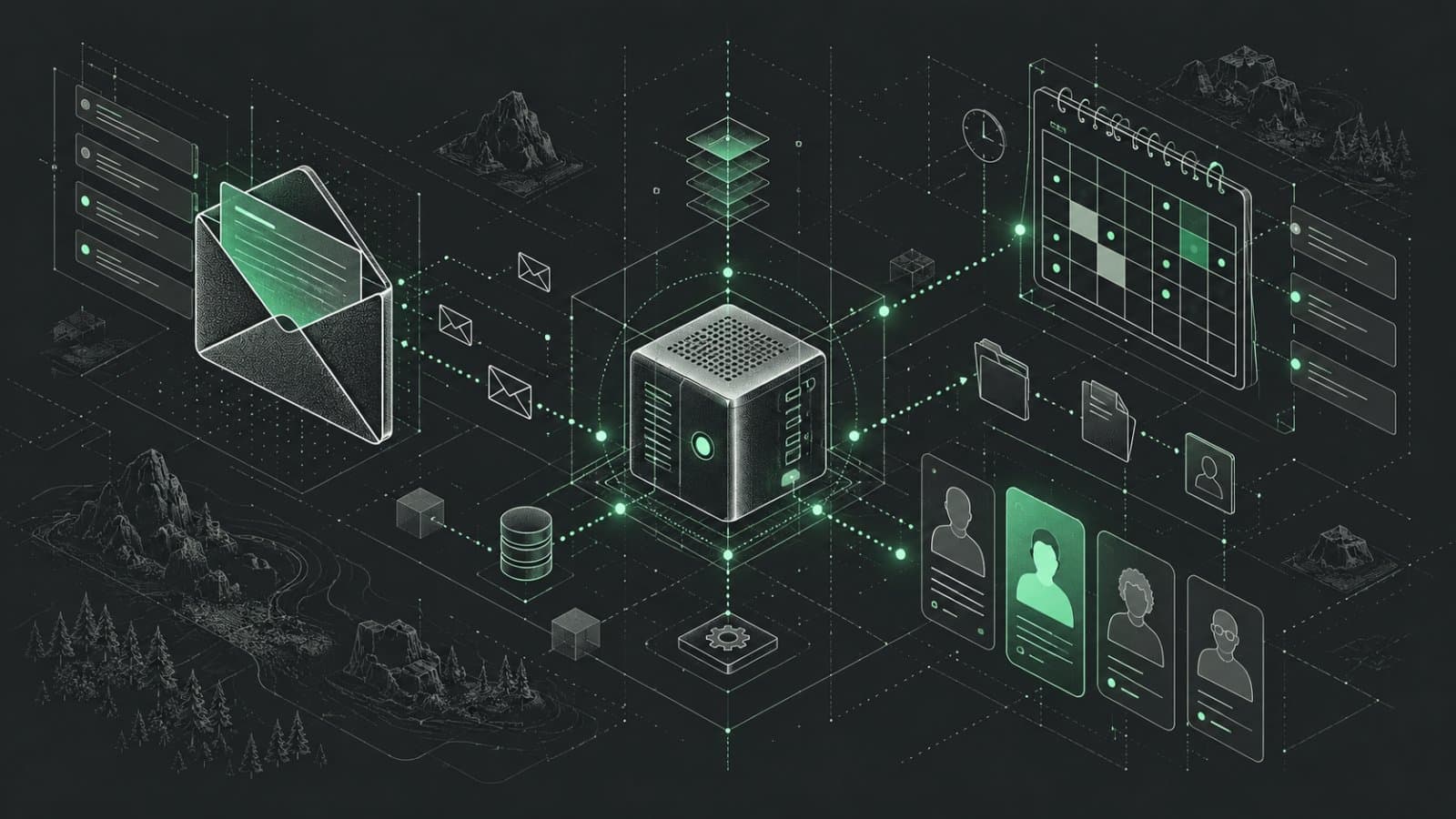 Concept illustration of mail, calendar and contact records connected to a local engine.
