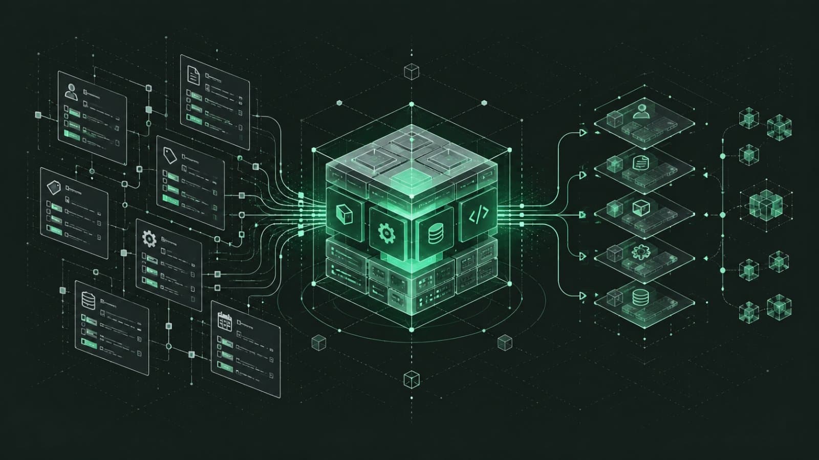 Terminal-style illustration: A metadata-driven Java application framework: structured schema cards and entity relationships resolve into one clear application cube, visual metaphor for metadata becoming working software.